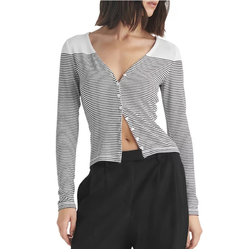 RAG & BONE WOMENS SMALL FINE KNIT STRIPE VEE CARDIGAN SWEATER WHITE BLACK NEW